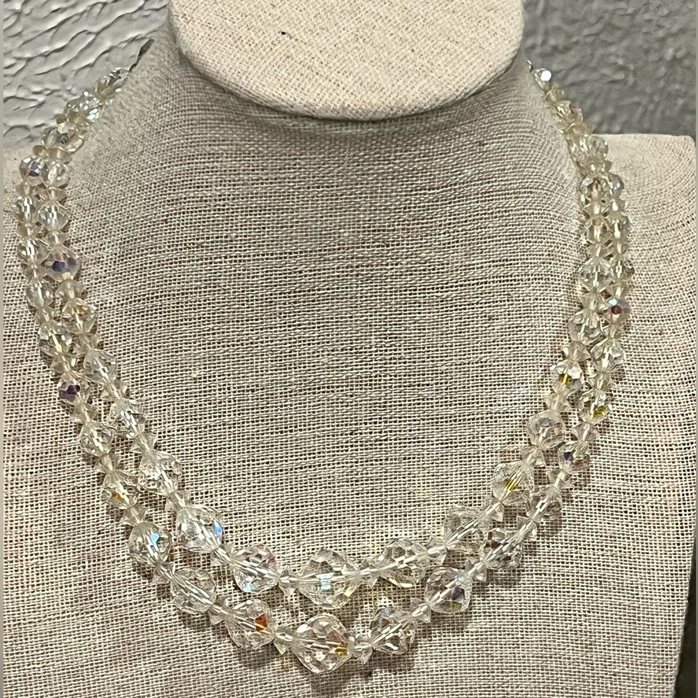 Vintage Laguna Faceted Crystal Aurora Borealis Choker Necklace Double Strand